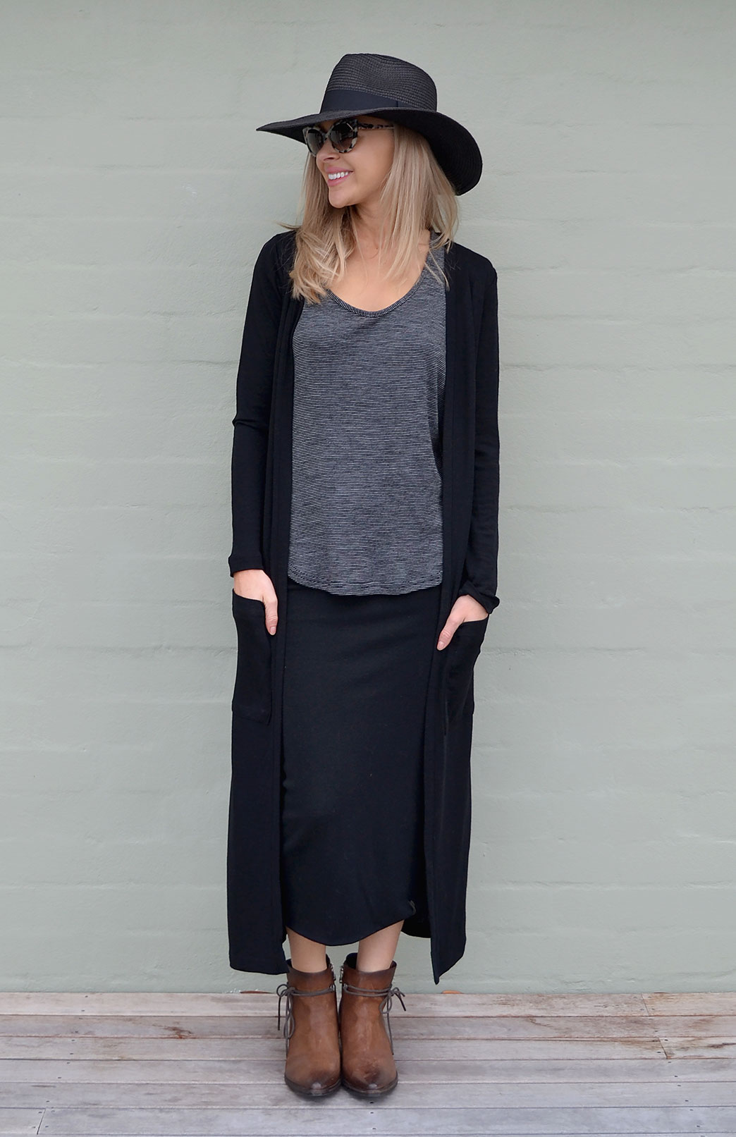 Coatigan | Women's Long Line Classic Black Long Sleeved Cardigan with