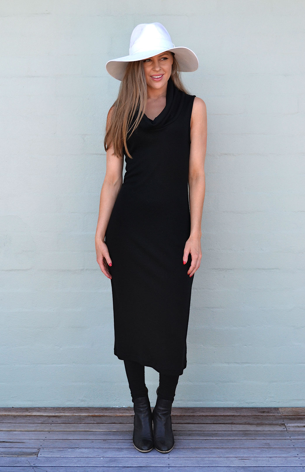 Cowl Neck Midi Dress | Women's Black Sleeveless Heavyweight Merino Cowl ...