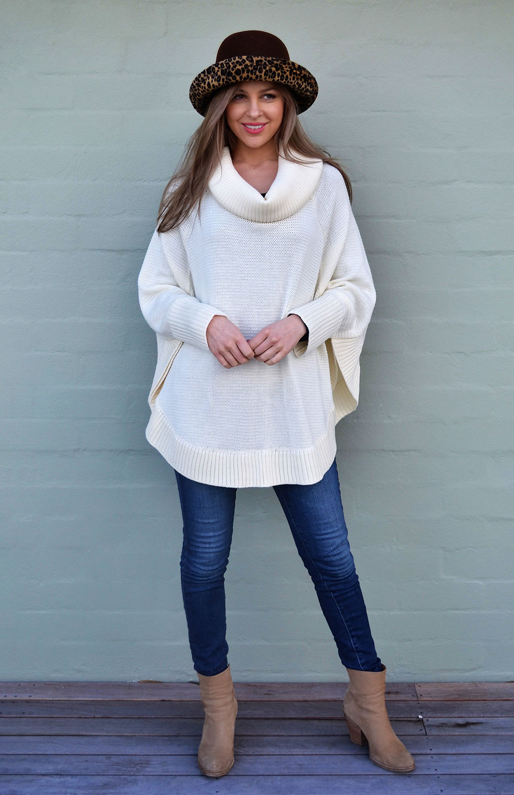 Chunky Knit Cowl Neck Poncho With Sleeves Women's Ivory Wool Poncho