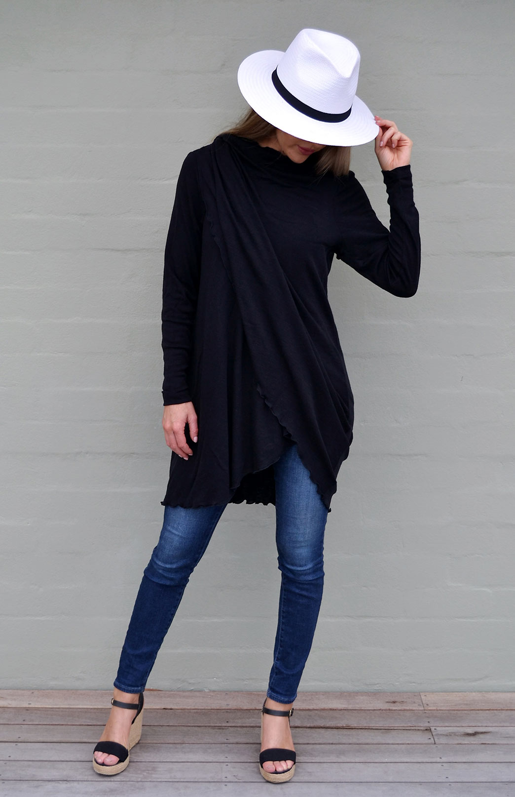 Swing Cardigan Women's Black Long Sleeved Wrap Around Merino Wool