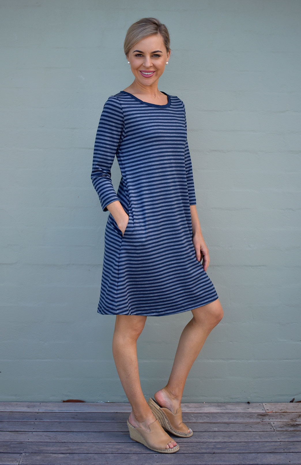 Ellie Dress Women's Indigo Blue & Grey Striped Swing Dress with 3/4
