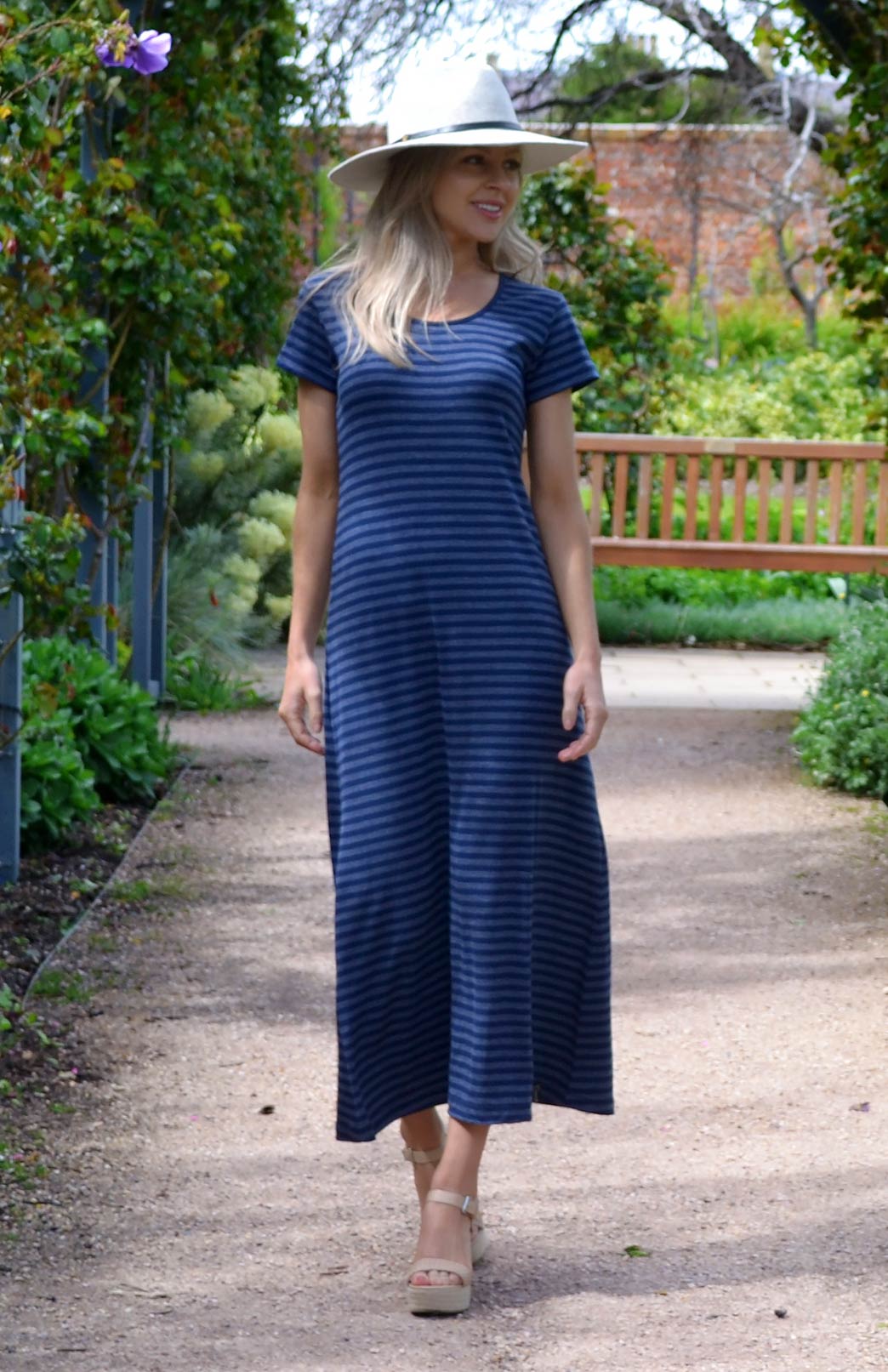 T-Shirt Maxi Dress | Women's Indigo Blue Stripe Merino Wool Modal Blend