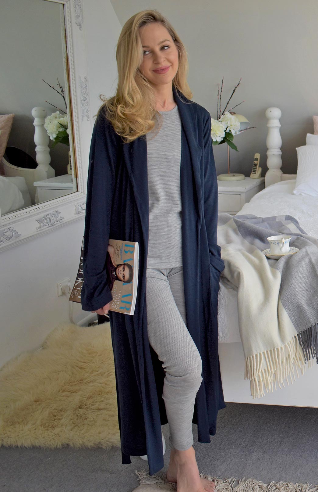 Dressing Gown Women's Blue Superfine Merino Wool Dressing Gown with