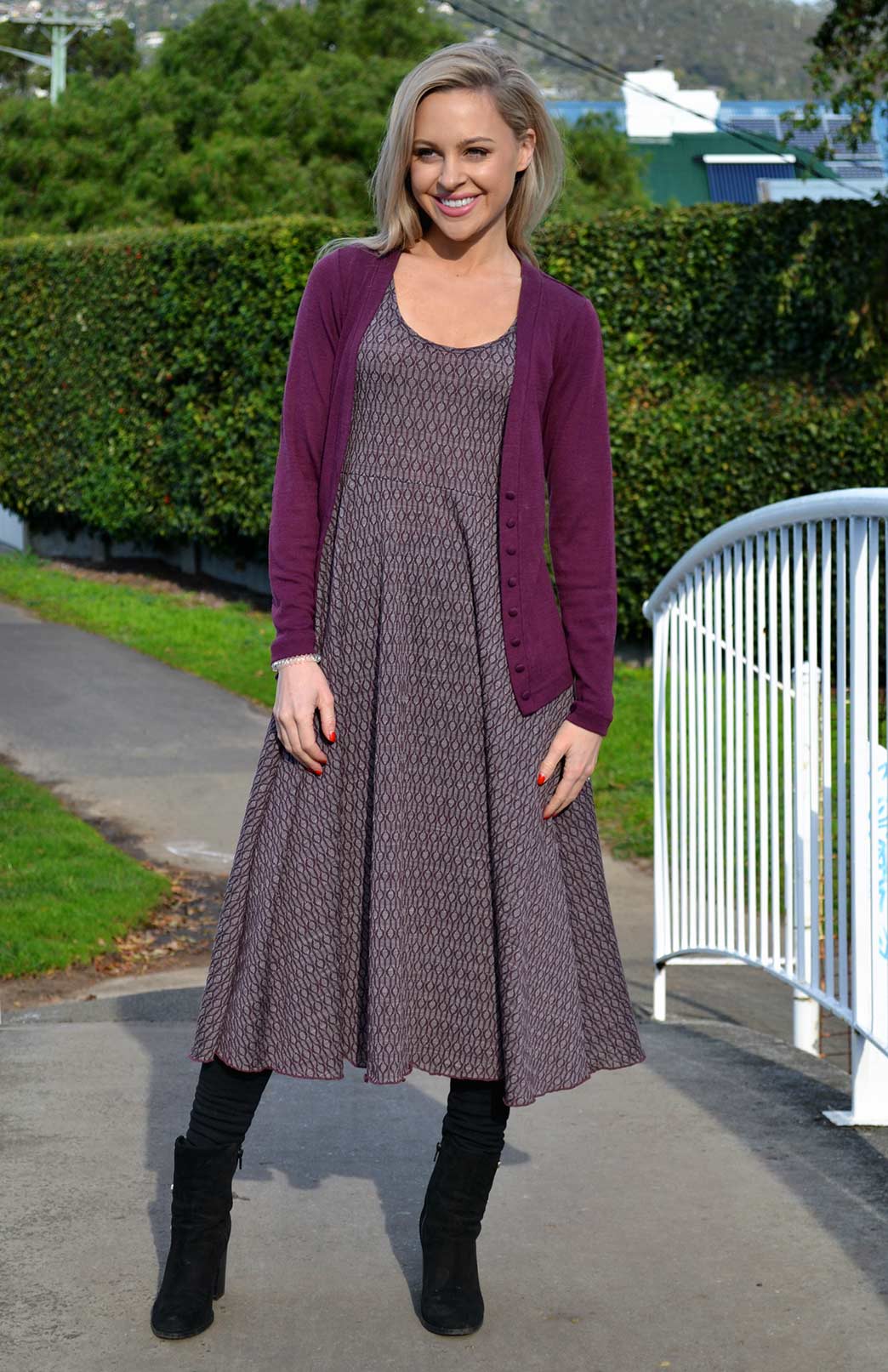 Fan Dress Women's Keyhole Pattern Woollen Dress with empire waistline