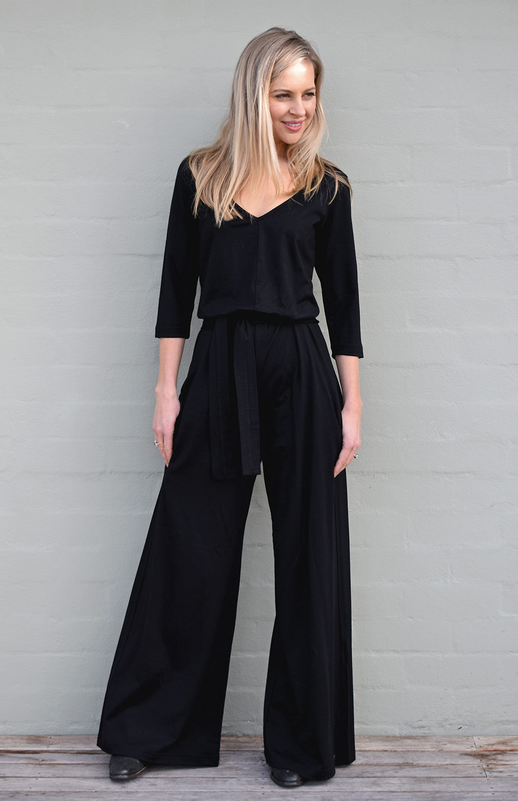 Victoria Jumpsuit - 3/4 Sleeve (Black) | Women's Black Merino Wool