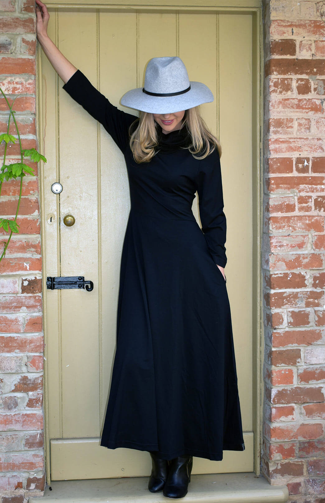 Florence Dress | Women's Black Long Sleeved Merino Wool Dress with High