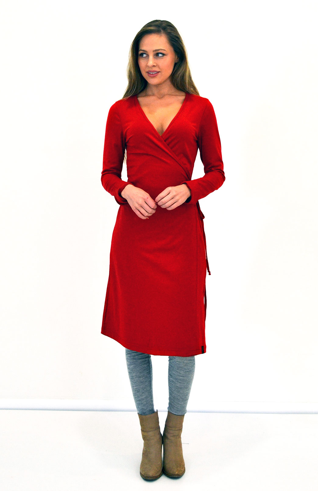 Wrap Dress Women's Flame Red Merino Wool Long Sleeved Wrap Dress with