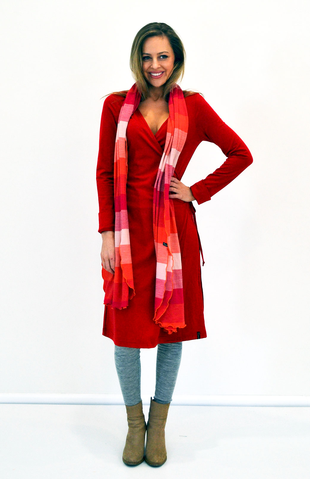 Wrap Dress Women's Flame Red Merino Wool Long Sleeved Wrap Dress with