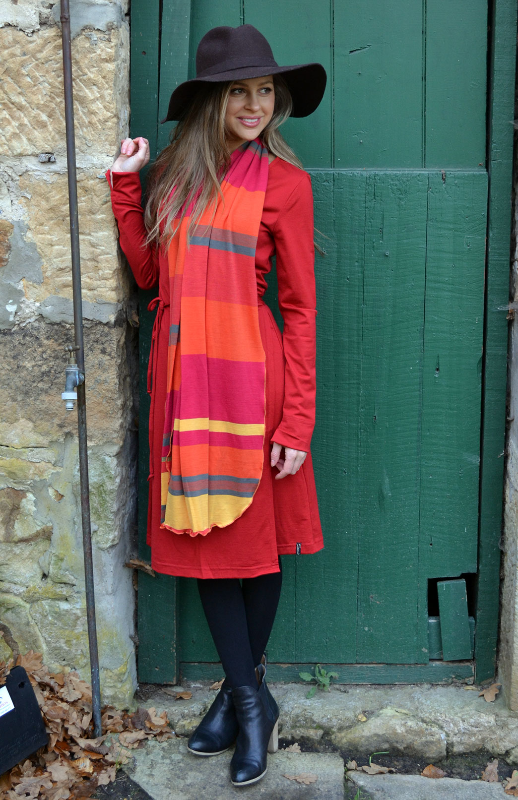 Wrap Dress Women's Flame Red Merino Wool Long Sleeved Wrap Dress with