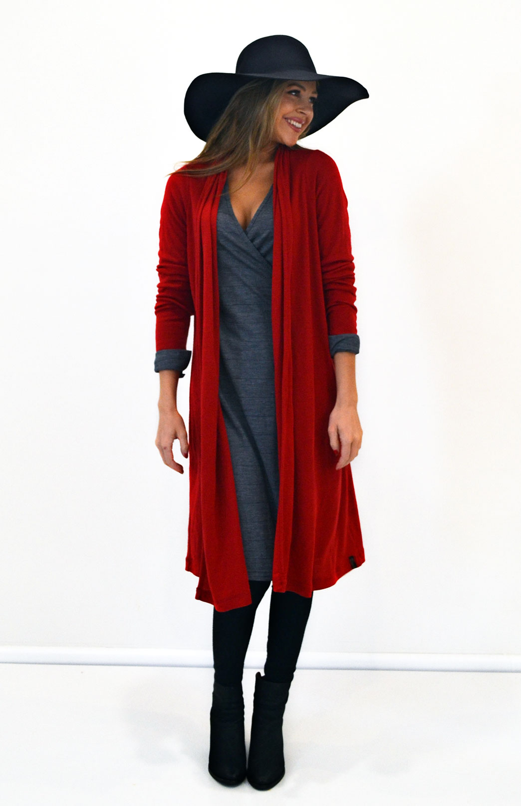 Lightweight Long Drape Cardigan Women's Flame Red Lightweight Merino