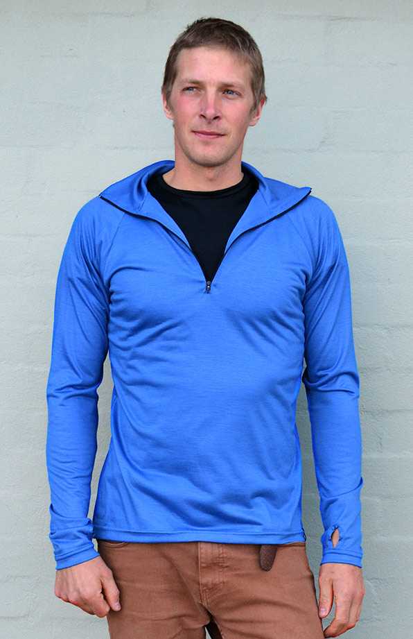 Zip Neck Top 170g Men's Bright Blue Pure Merino Wool Zip Neck Pull