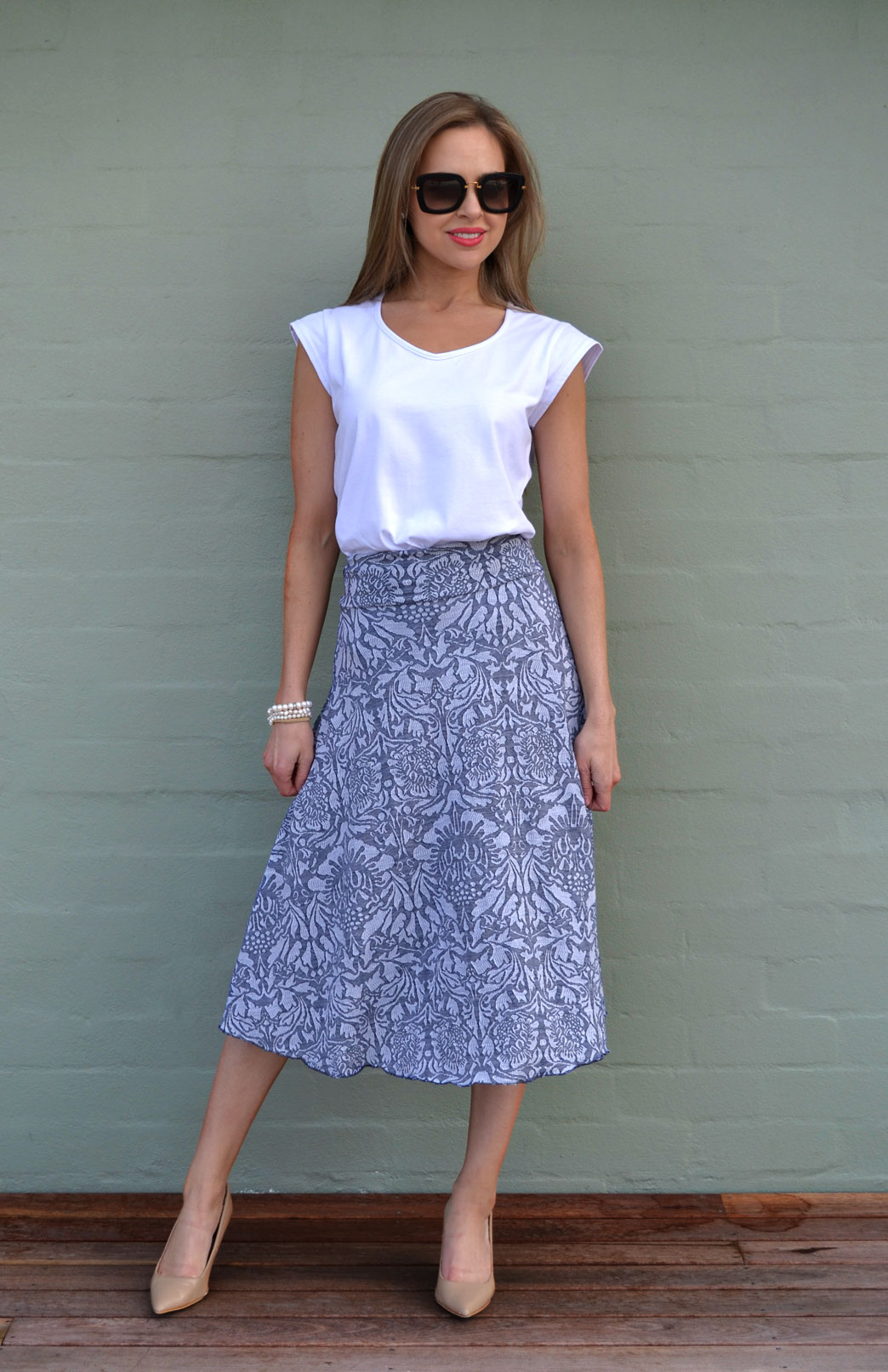 Twirl Skirt Women's Blue Floral ALine Swing Wool Skirt Smitten