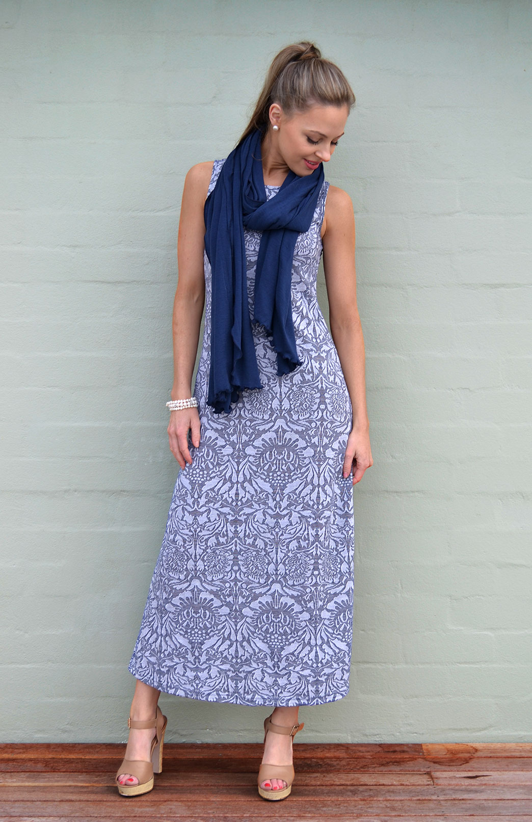 Boat Neck Maxi Dress Women's Blue & Grey Floral Long