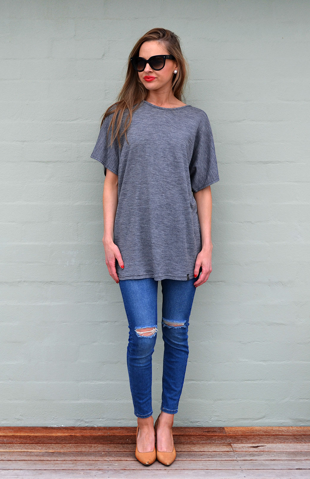 Loose T-Shirt | Women's Loose Wool Light Grey Pinstripe Summer Top ...